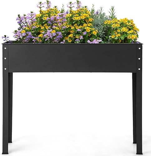 Miniatura 9 de Giantex Cama de jardín elevada, maceta de metal con patas, orificio de drenaje, caja de jardín elevada para interiores y exteriores, para verduras,