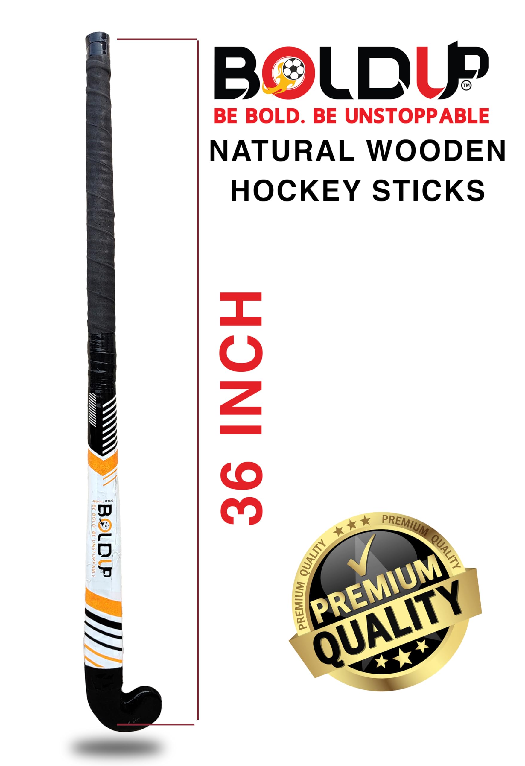 BOLDUPSolid Wood Field Hockey Stick - Beginner Practice & Self Defense Training Bat1 Ball +SHINGUARD Solid Wooden Level Solid Stick (Multicolor)
