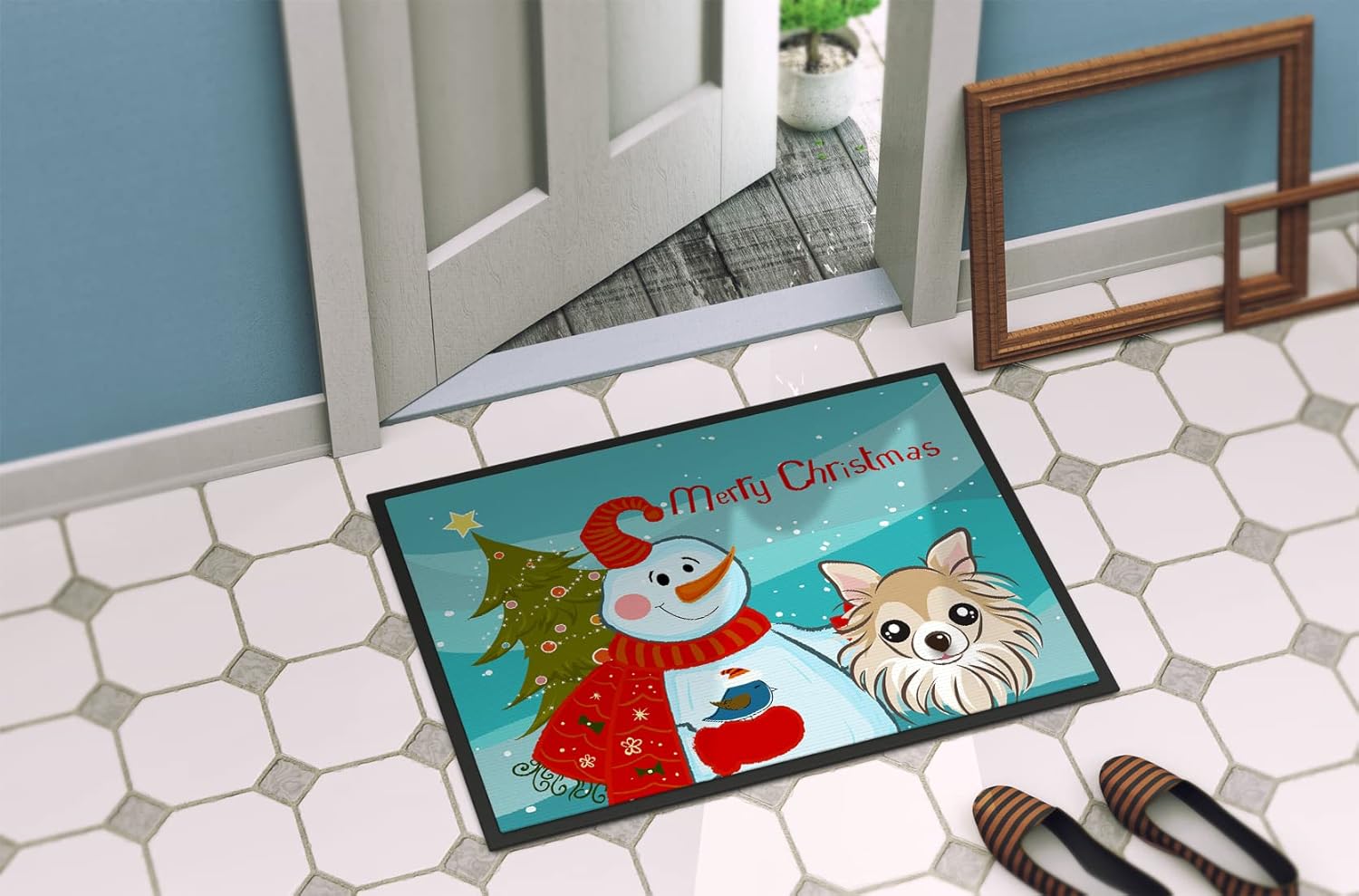 Caroline's Treasures BB1871MAT Snowman with Chihuahua Doormat 18x27 Front Door Mat Indoor Outdoor Rugs for Entryway, Non Slip Washable Low Pile, 18H X 27W