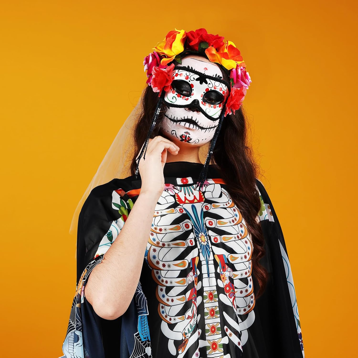 JenPen 4 Pcs Day of the Dead Costume Accessory Kit Skeleton Halloween Costume Chiffon Cape Skull Mask Mexican Flower Crown Earrings for Halloween Party Women