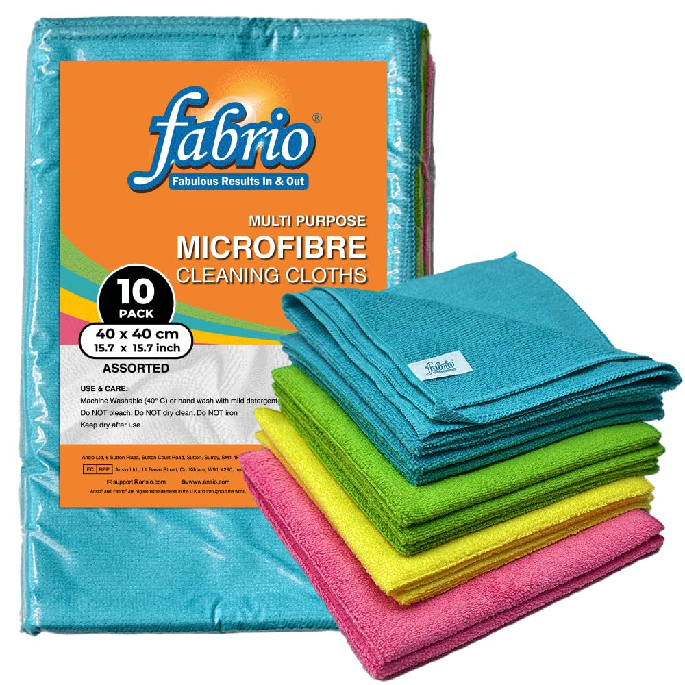 FABRIO Microfibre Cleaning Cloths, Pack of 10, 40x40cm, Ultra-Soft, Lint-Free, Super Absorbent Towels for Kitchen Car, Glass