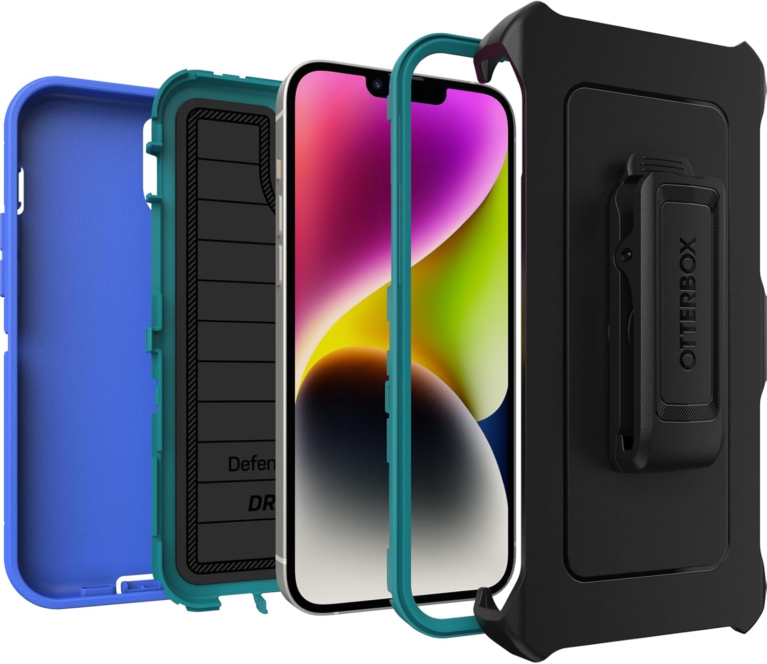 OtterBox iPhone 15 Plus and iPhone 14 Plus Defender Series Pro Case - RAIN Check (Blue), screenless, Rugged & Durable, with Port Protection, Includes Holster Clip Kickstand
