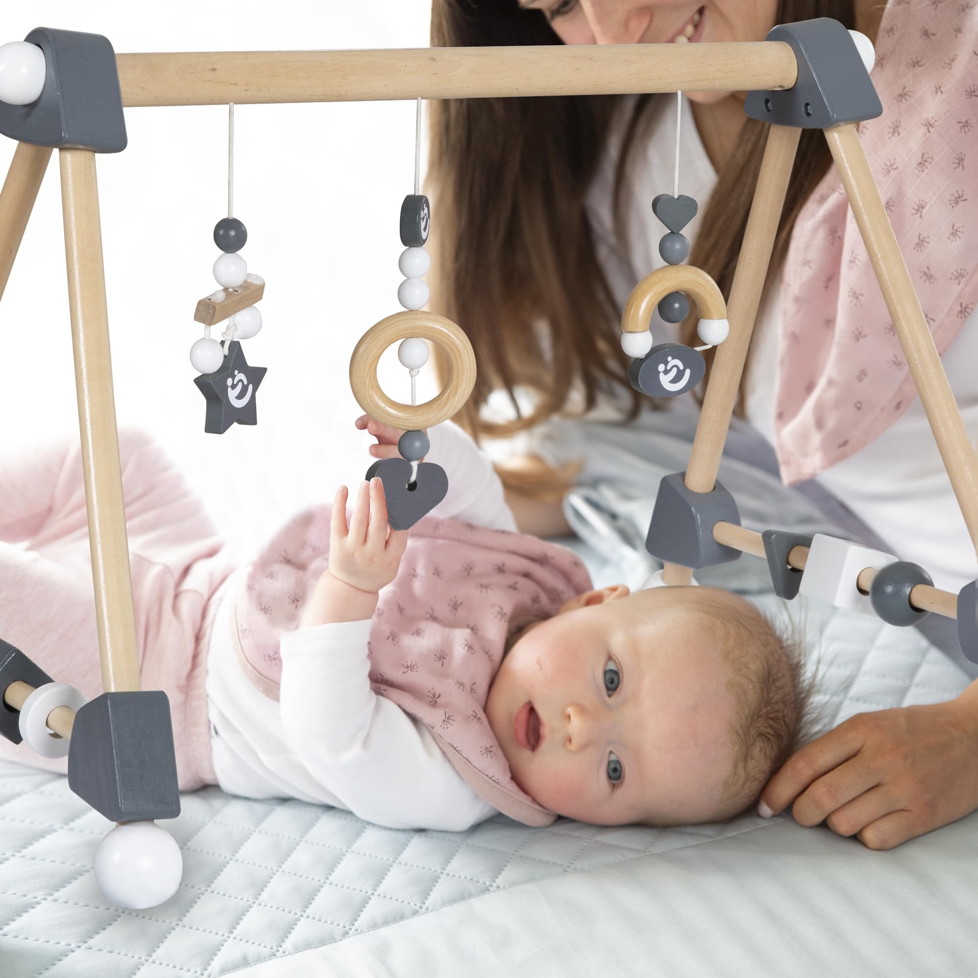 roba Portique d'Éveil en Bois pour Bébé Rock Star Baby 3 - Jouet d'Activité avec 3 Pendentifs et Formes à Tourner - Arche de Jeux Solide - Naturel / Anthracite