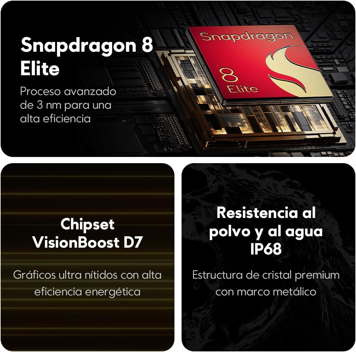 Diagram illustrating the Snapdragon 8 Elite processor, VisionBoost D7 Chipset, and IP68 dust and water resistance features of the Poco F7 Ultra 5G.