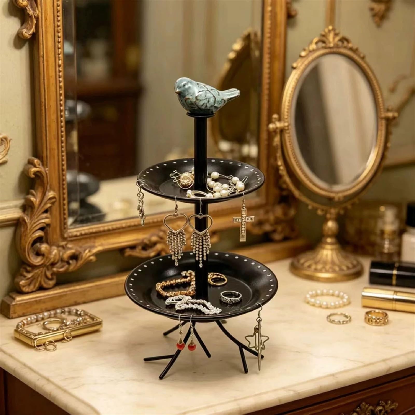 Stań 2-Tier Metal Earring Ring Jewelry Tray with Bird Decor do sprzedaży