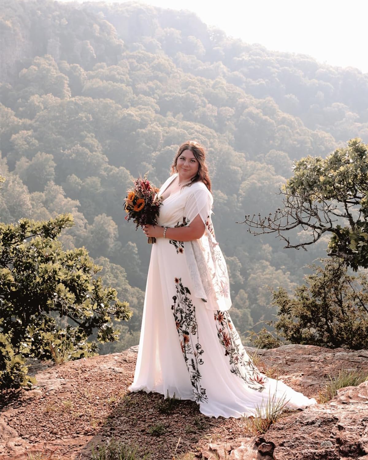 Floral Embroidered Wedding Dresses Boho Bridal Gowns with Long Sleeves