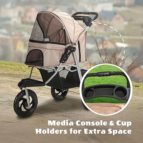 Miniatura 12 de Critter Sitters Cochecito para perros de 3 ruedas con cesta de almacenamiento y portavasos, moderno y elegante cochecito para mascotas medianas a