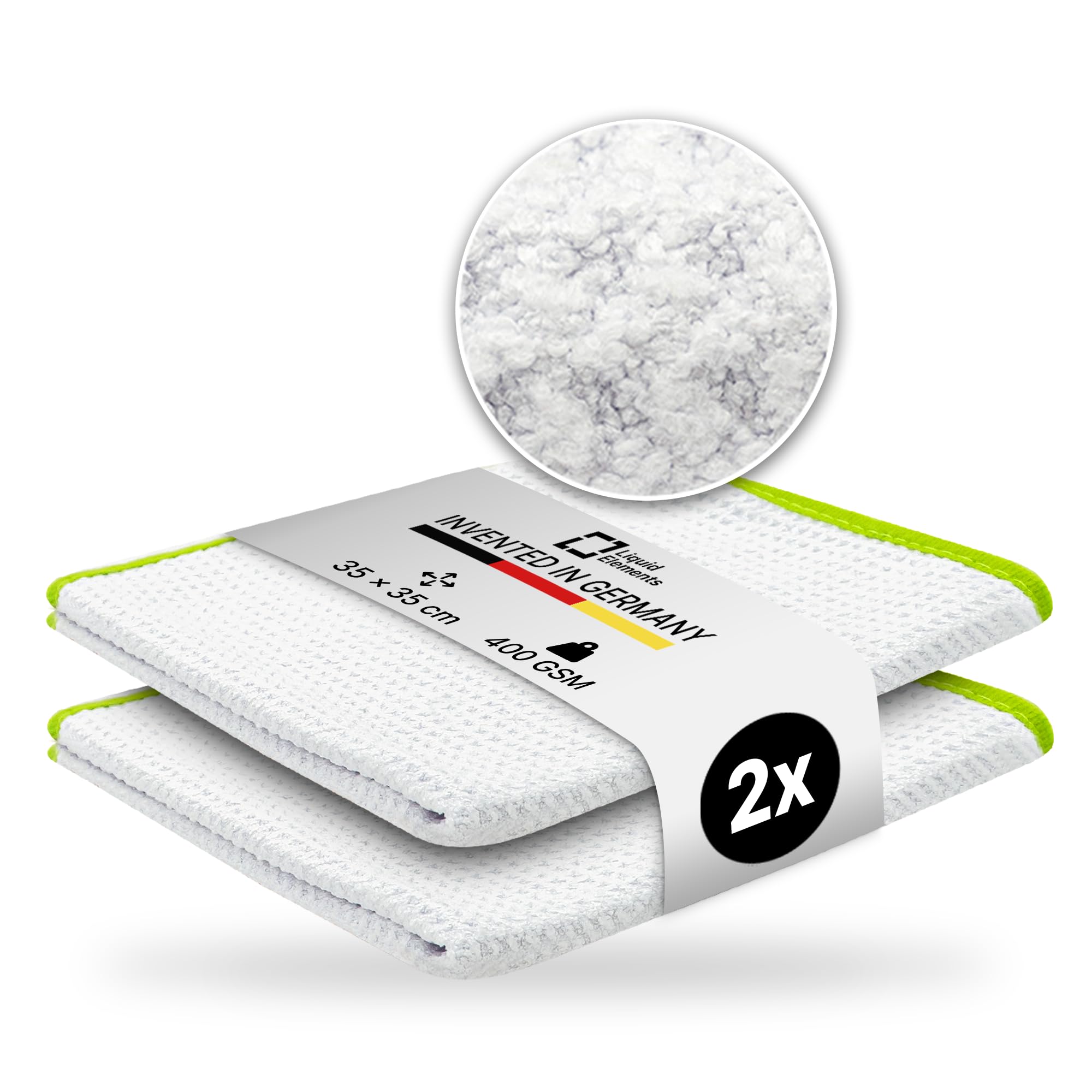 Liquid Elements – Auto Mikrofasertuch Streak Buster für Autoscheiben, Fenster, Spiegel & Displays – Fenstertuch 400 GSM 35x35 cm – zur fussel- & streifenfreien Reinigung von Glasoberflächen (2 Stück)