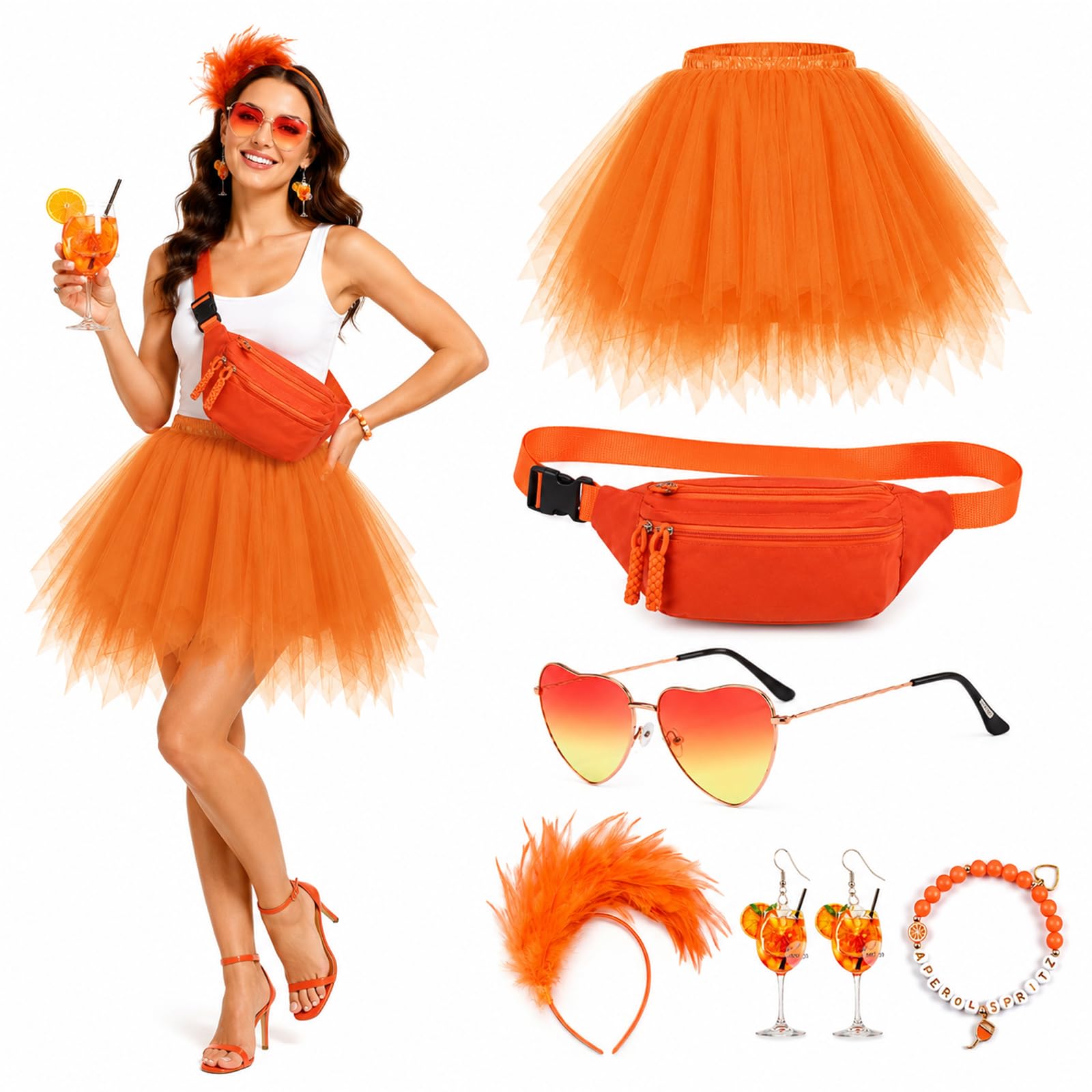 Buyzzus Aperol Costume Set for Women Spritz Fancy Dress Outfit 6Pcs Tulle Skirt Bum Bag Sunglasses Headband Earrings Bracelets, Orange Aperol 80s 90s Fancy Dress Summer Cocktail Party