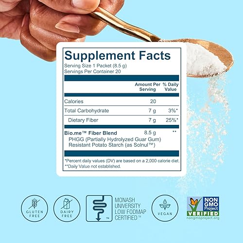 Miniatura 7 de Bio.me Polvo diario de fibra prebiótica sin sabor 20 paquetes de viaje, 0.17 oz por porción Suplemento de fibra soluble e insoluble para mujeres y
