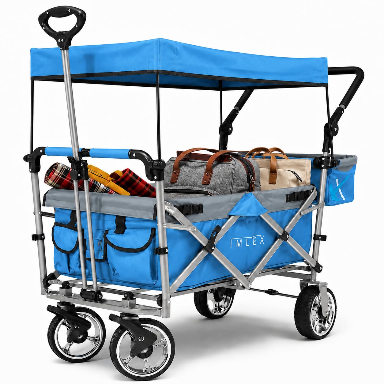 IMLEX Bollerwagen faltbar XXL mit UV Dach – Handwagen für 2 Kinder bis 80 kg – klappbar mit Schiebegriff & Zugstange – Geländereifen – ideal für Strand, Camping, Garten, Zoo & Freizeit IM-4268 Blau