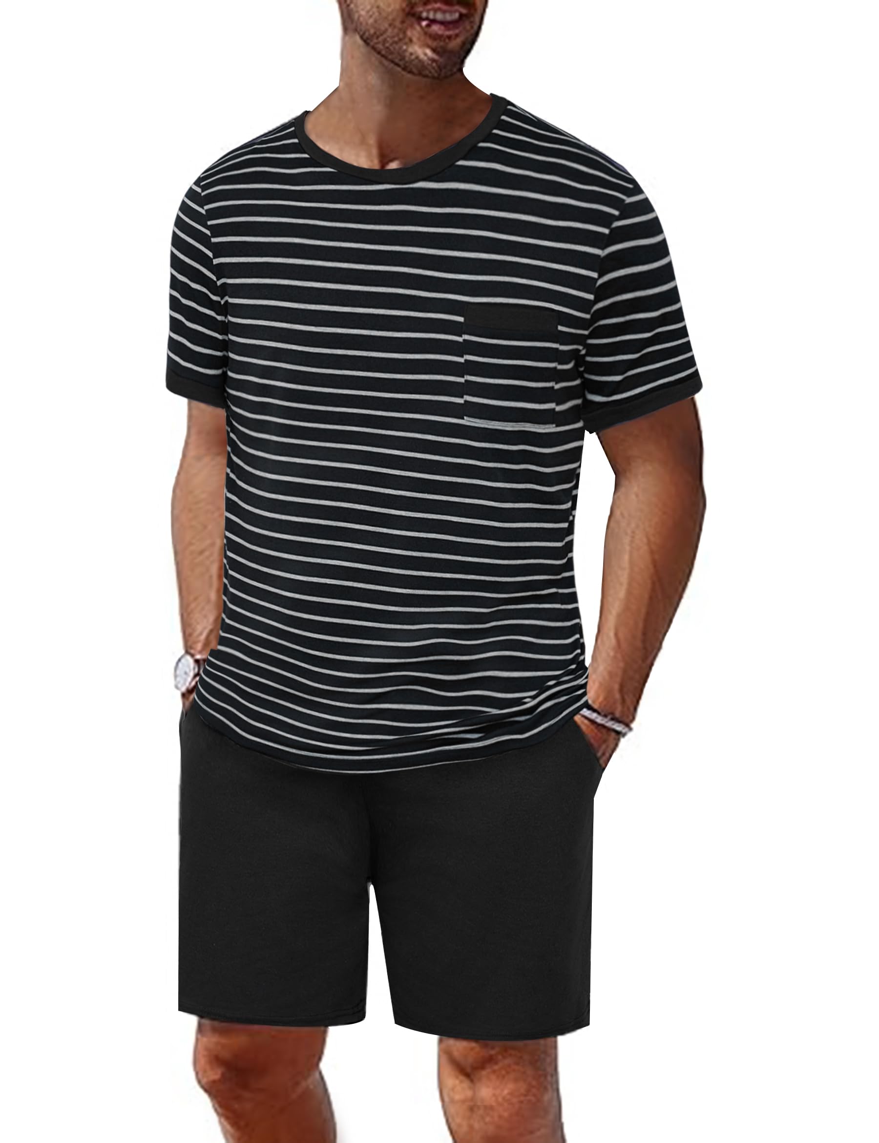 Jahetuul Schlafanzug Herren Kurz aus Baumwolle Sommer mit Kontraststreifen Design Pyjama Herren mit Rundhalsausschnitt Pyjama Herren Kurz für Vater und Partner