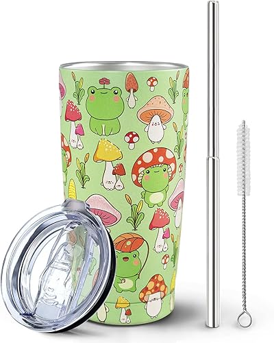 Paqoygl Vaso de rana con tapa y pajilla, lindo regalo de rana hongo para mujeres amantes de las ranas, botella de agua de rana verde, taza de café,