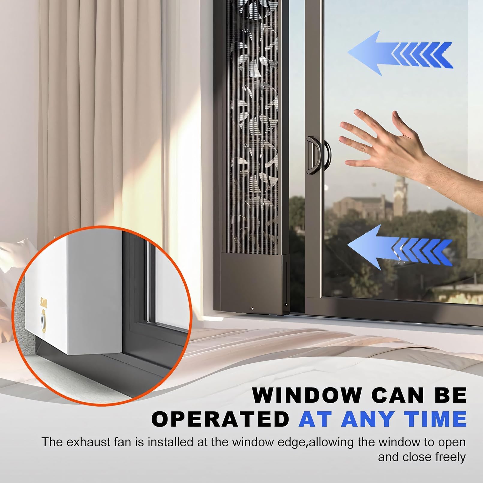 Extractor de aire vertical retráctil para ventanas corredizas: no requiere perforación, impermeable, velocidad variable, para dormitorios, espacios con humo, áreas calientes, 86-98cm/33.86-38.58inch