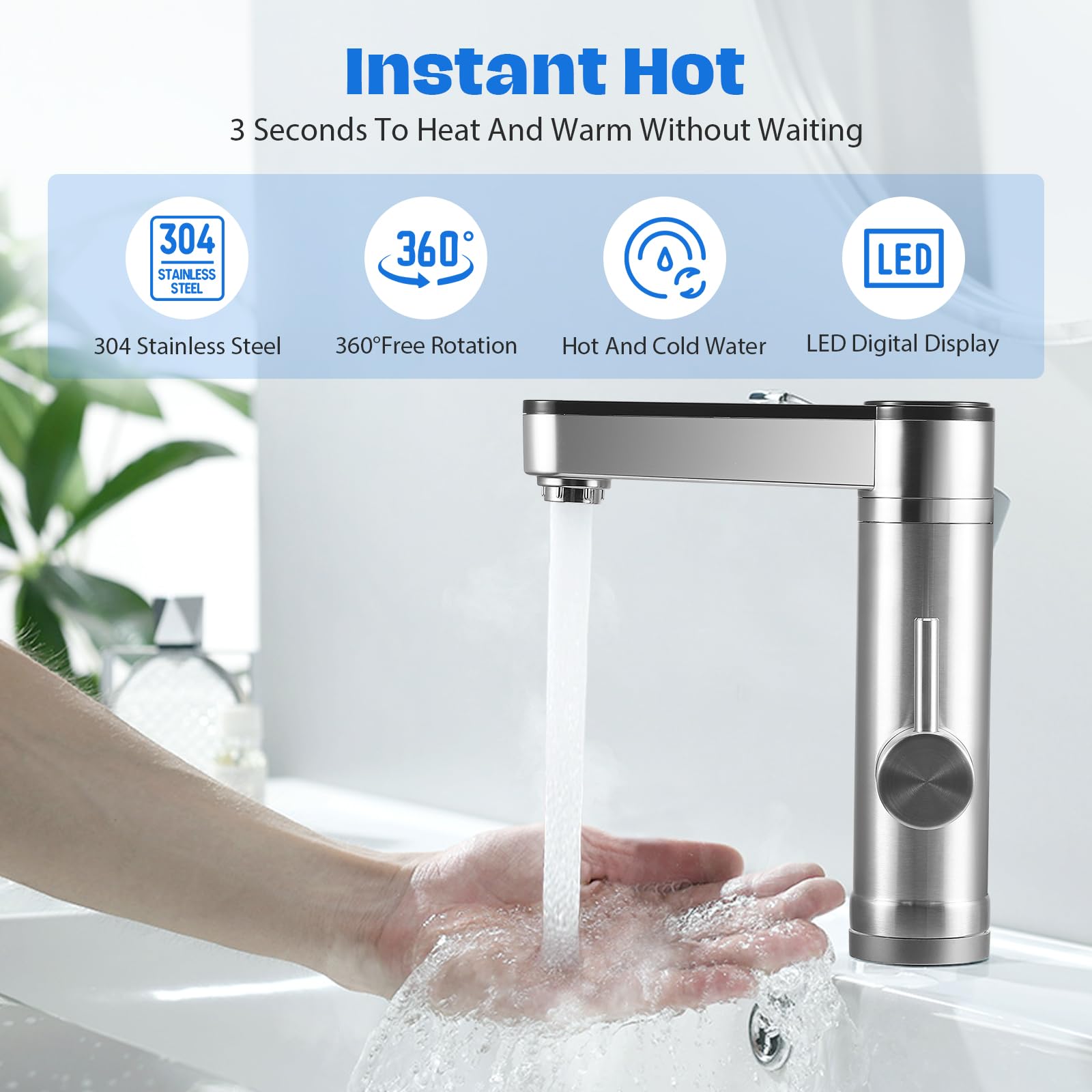 Robinets Électrique Instantané 3300W 220V, Mitigeur d'Eau Chaude et Froide avec Écran Numérique LED, pour Cuisine, Salle de Bain et Lavabo