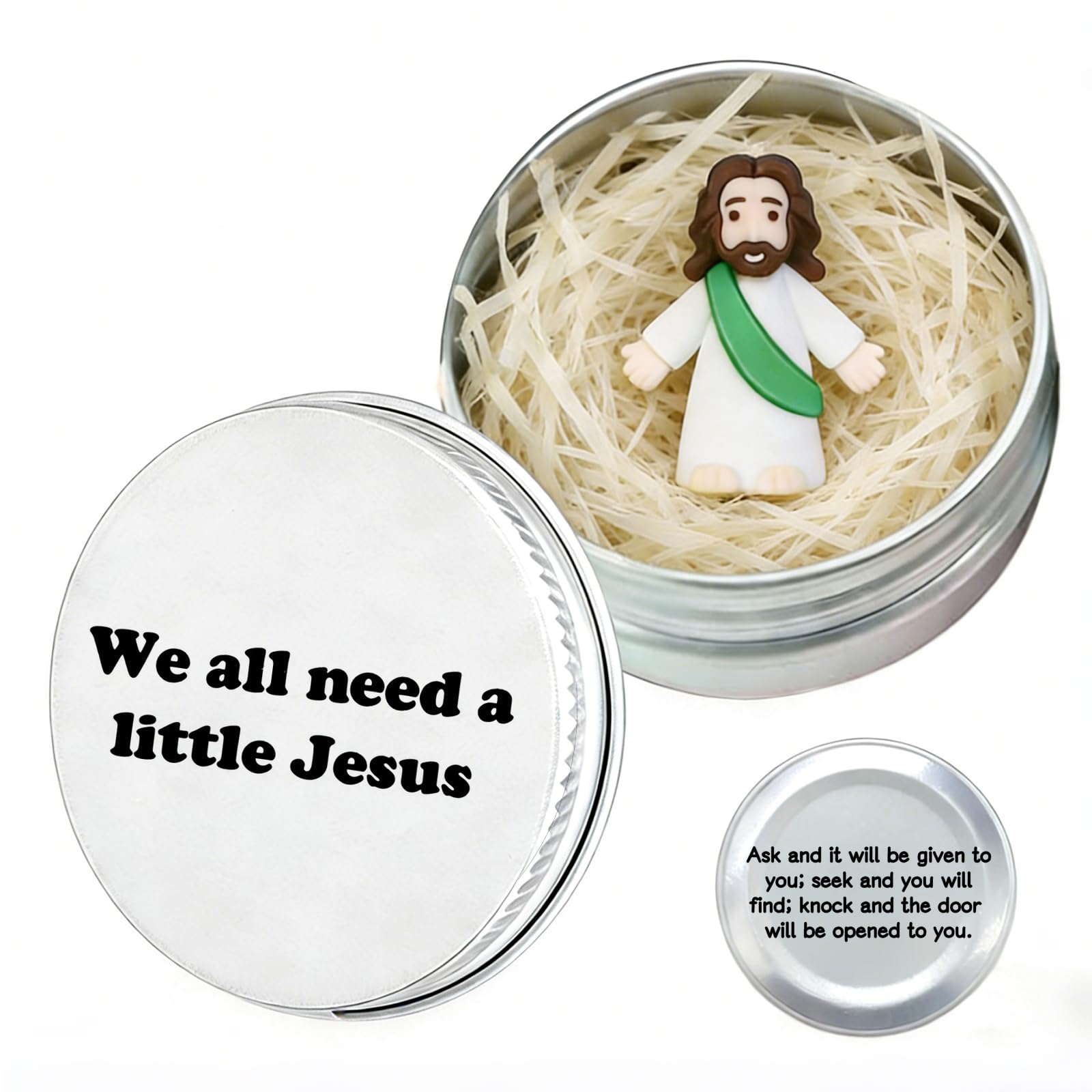 Phiomuue Silver Mini Jesus Figure In Tin Box – Christian Easter Gifts With Inspirational Bible Verse "We All Need A Little Jesus" – Mini Jesus Statue For Confirmation Gifts, Baptism G-Ifts, Religious Gifts Ornaments
