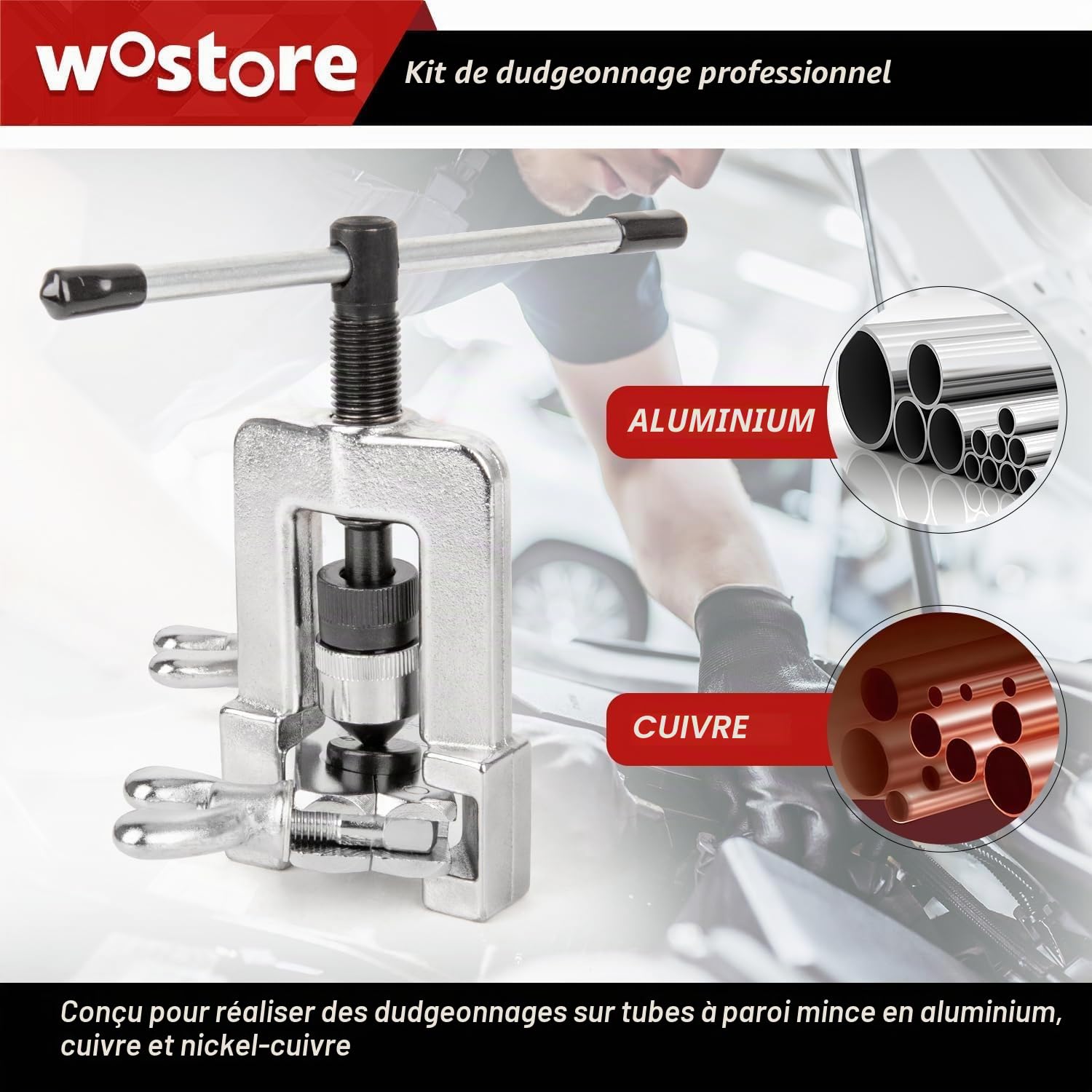 Wostore Double appareil à évaser pour tuyau de frein avec coupe-tubes et ébavureur de tuyaux, évasements simple, double (SAE) et à bulles (ISO) pour tuyaux en cuivre, plastique, aluminium, 3/16-5/8