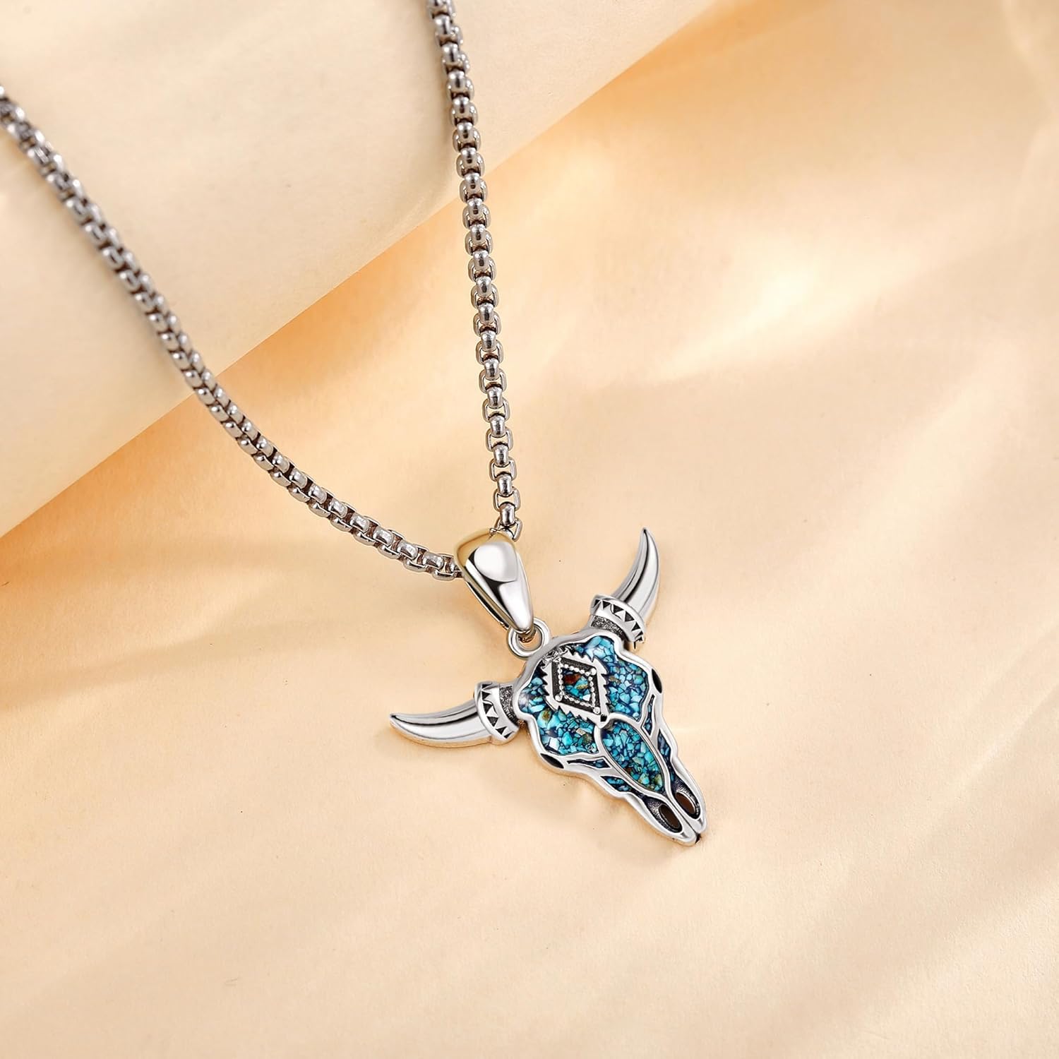 Turquoise Cow Skull Necklace Sterling Silver Cow Head Pendant Western Christmas Jewelry for Women