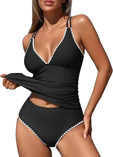 ZAFUL Womens Tankini Swimsuits V Neck Push Up Swim Top Color Block Tummy Control High Waisted Bathing Suits Swim Bottom - (color: A-black, size: 1X)
