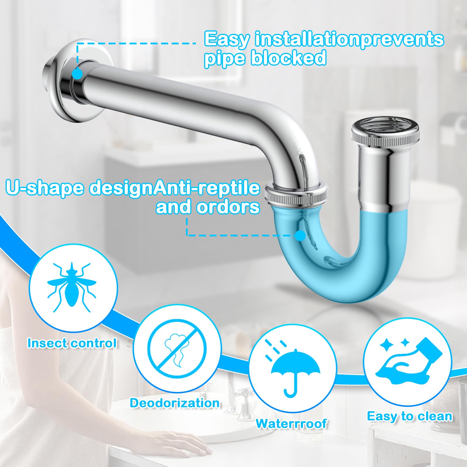 Sifón Compatible para Lavabo, Sifón de Tubería, Sifón Universal de Diseño, para Lavabo y Fregadero de Baño, Sifon Lavabo de Baño 1 1/4 Pulgadas (32mm)
