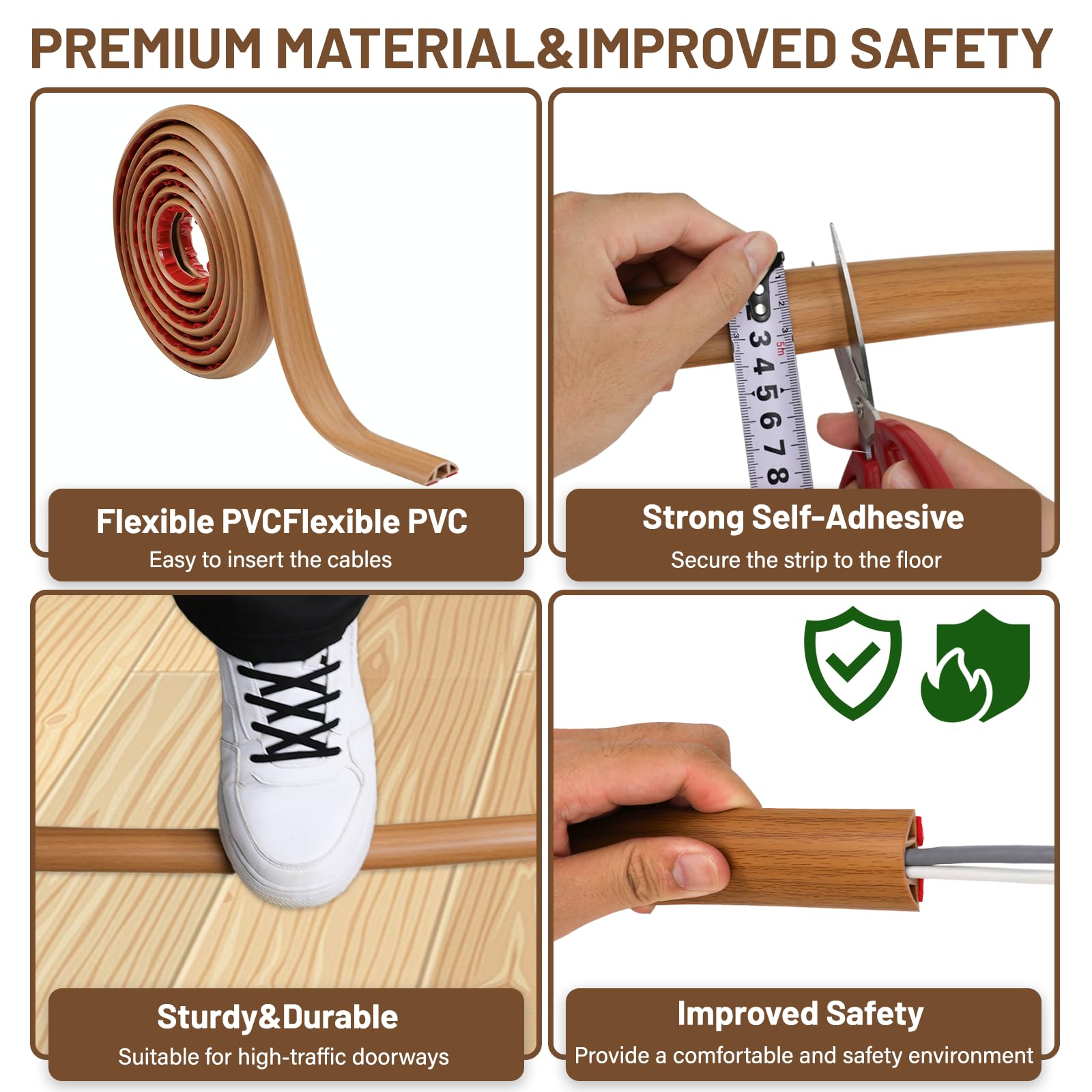 Protezione per cavi Pavimento Legno, 1Mx3cm Autoadesivo PVC Passacavo a Pavimento Canalina per Cavi di Alimentazione a Casa, Ufficio, Scuola