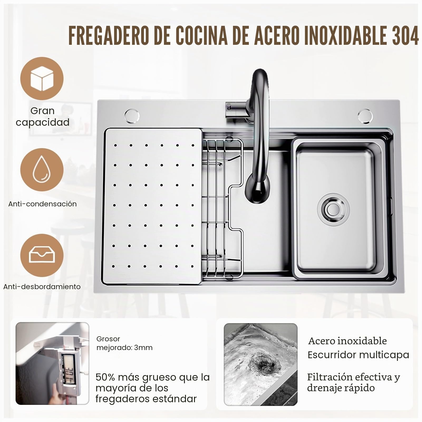 Fregadero de Cocina 60x50cm de Acero Inoxidable 304, Con 3 Agujeros de Montaje (35mm), Tubo de Desagüe Sifón, Cesta de Drenaje, Tabla de Cortar, Pequeña Cuenca, Filtro, Lavabo Bajo/Sobre Encimera