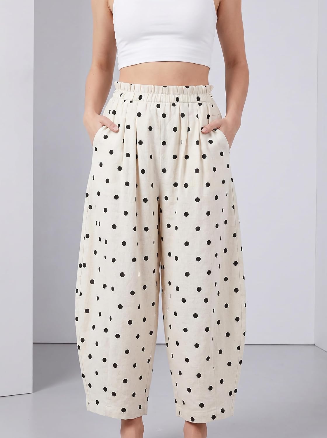 Womens Boho Polka Dot Cotton Linen Barrel Pants Wide Leg Palazzo Cropped Trousers Casual Elastic Waist with Pockets
