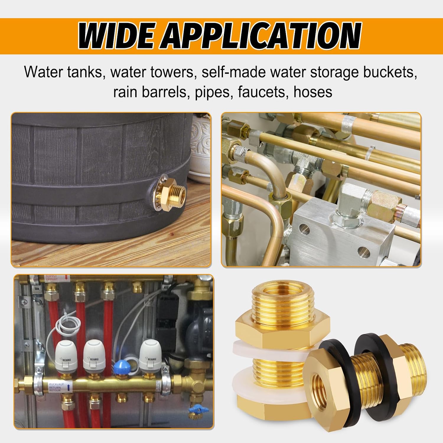 KOOTNAS 2-Pack Solid Brass Bulkhead Fittings, 1/4 NPT Taper Female 3/4" Straight Male Thread Brass Water Tank Connector with 4 Rubber Rings and Silicone Rings, for Tank Body, Wooden Barrels, etc