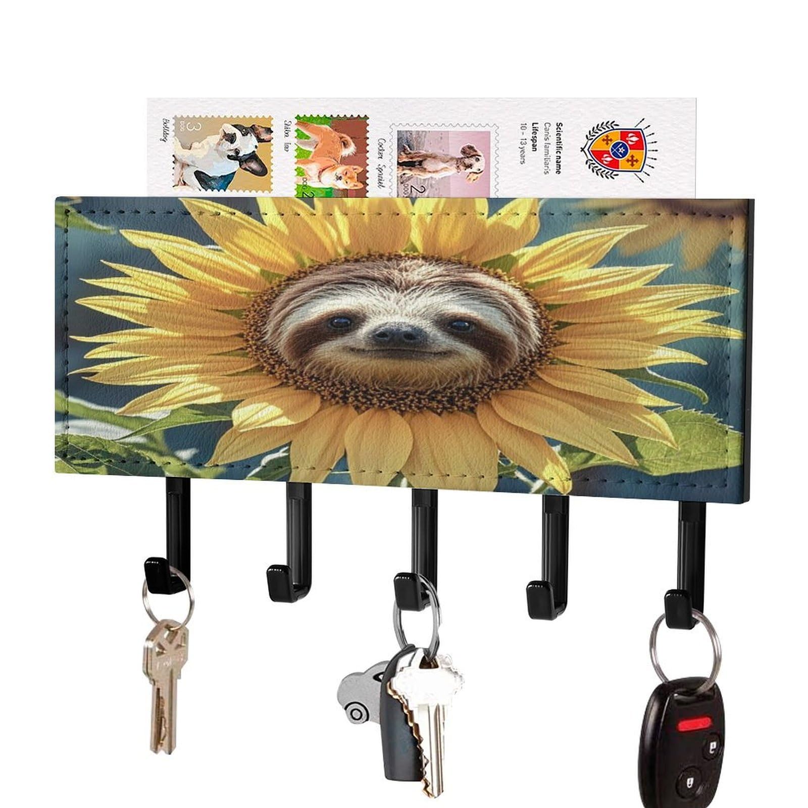 Lzqpoeas Black-Style Sloth Sunflower Key Holder Wall Mount With Mail Organizer Fashion Adhesive Key Hanger With 5 Hooks No Drill Pu Leather Key Organizer Rack For Entryway Kitchen Hallway Decor