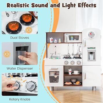 COSTWAY Kids Play Kitchen, Wooden Pretend Cooking Playset with Light, Sound, Accessory Utensils, Toy Telephone, Children's Chef Role Play Set for Boys Girls (Brown)