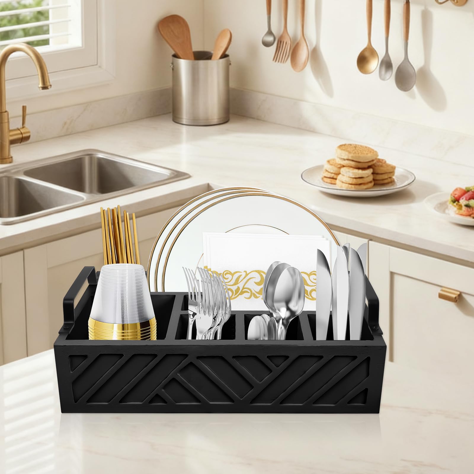 Caddy - Set di 6 scomparti per banconi in legno, 29,7 x 20,1 x 9,5 cm, multifunzione, per piatti di carta, organizer rustico, accessorio per il bar, porta utensili caddy (nero)