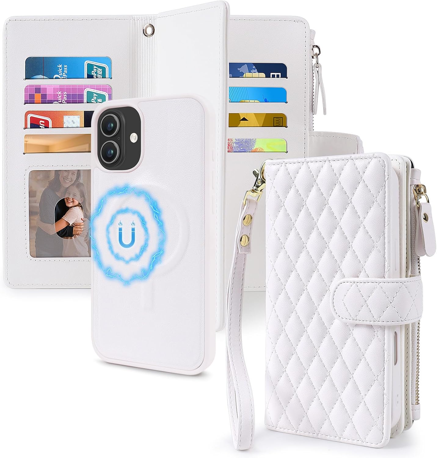 Harryshell 2 in 1 for iPhone 17 6.3 inch Wallet Case Magnetic Compatible with Magsafe RFID Blocking Card Holder Detachable Phone Cover Zipper Purse Kickstand Wrist Strap Men Women Quilted White