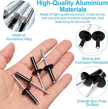 50 PCS Black Large Flange Pop Rivets 4.8mm x 20mm, Aluminium Blind Rivets, Heavy Duty Rivets for Metal, Plastic, Automotive Repairs, Roofing & DIY