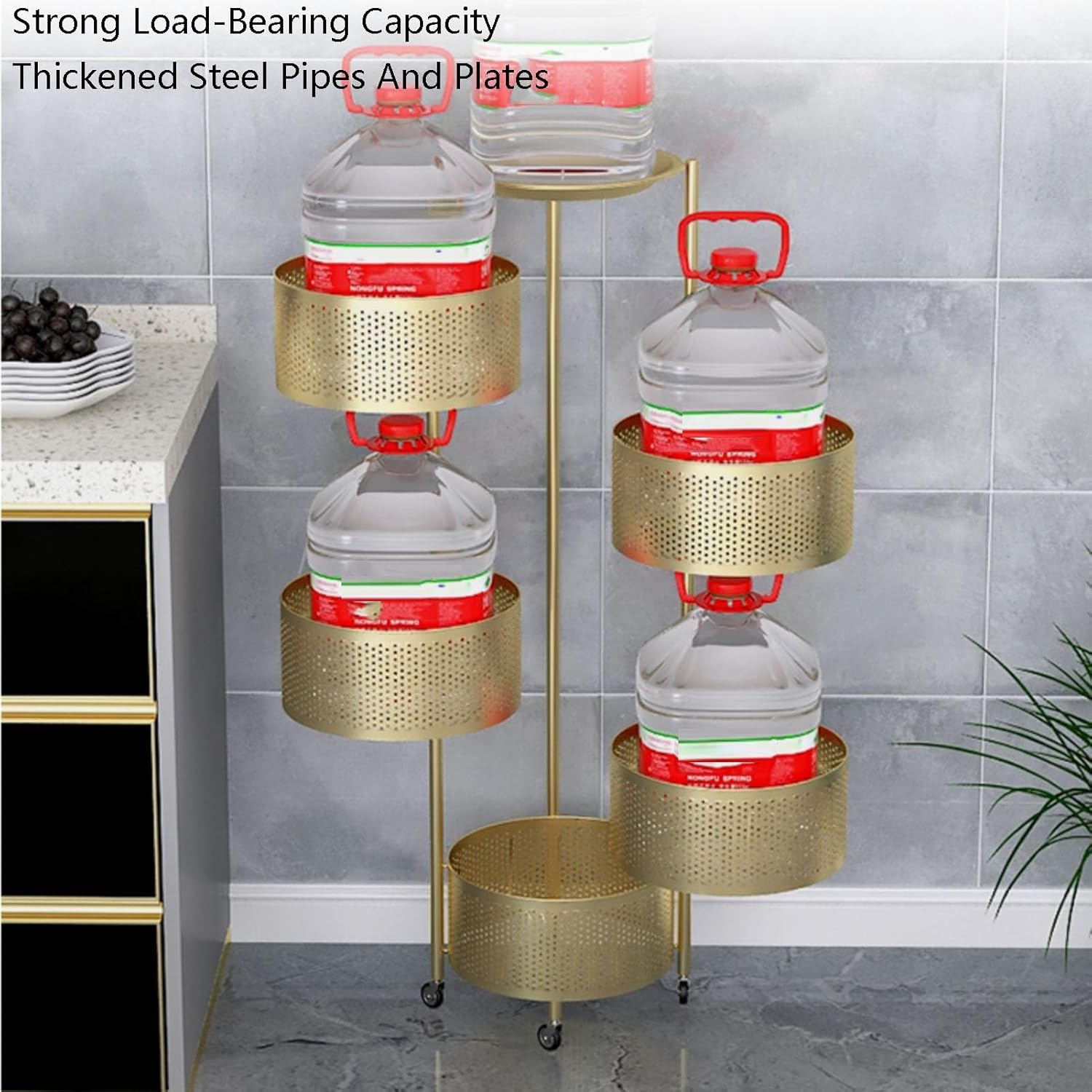 3/4/5 Tiers Rotating Fruit and Vegetable Shelf,Metal Storage Rotating Basket,Bathroom Shelf with Wheels,for Kitchen Bathroom Bedroom(Gold,3 Tiers)