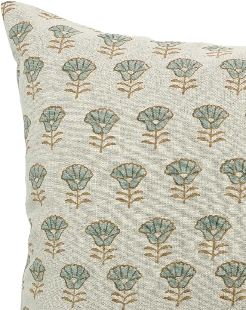 Block Print Throw Pure Linen 22X22 Pillowcase Cushion Cover with Zipper for Sofa, Couch and Bed, Fall Decoration, Farmhouse, Outdoor, Living Room, Home Décor, Heera Moti, Light Grey