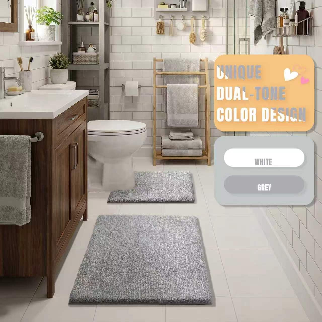 Yimobra Cushioned Anti-Fatigue Bathroom Rug, Bath Mat Non Slip Washable, Dense Soft Microfiber for Bathroom Sink, Shower, Tired Feet Comfort, Absorbent, 32" X 20", Grey and White