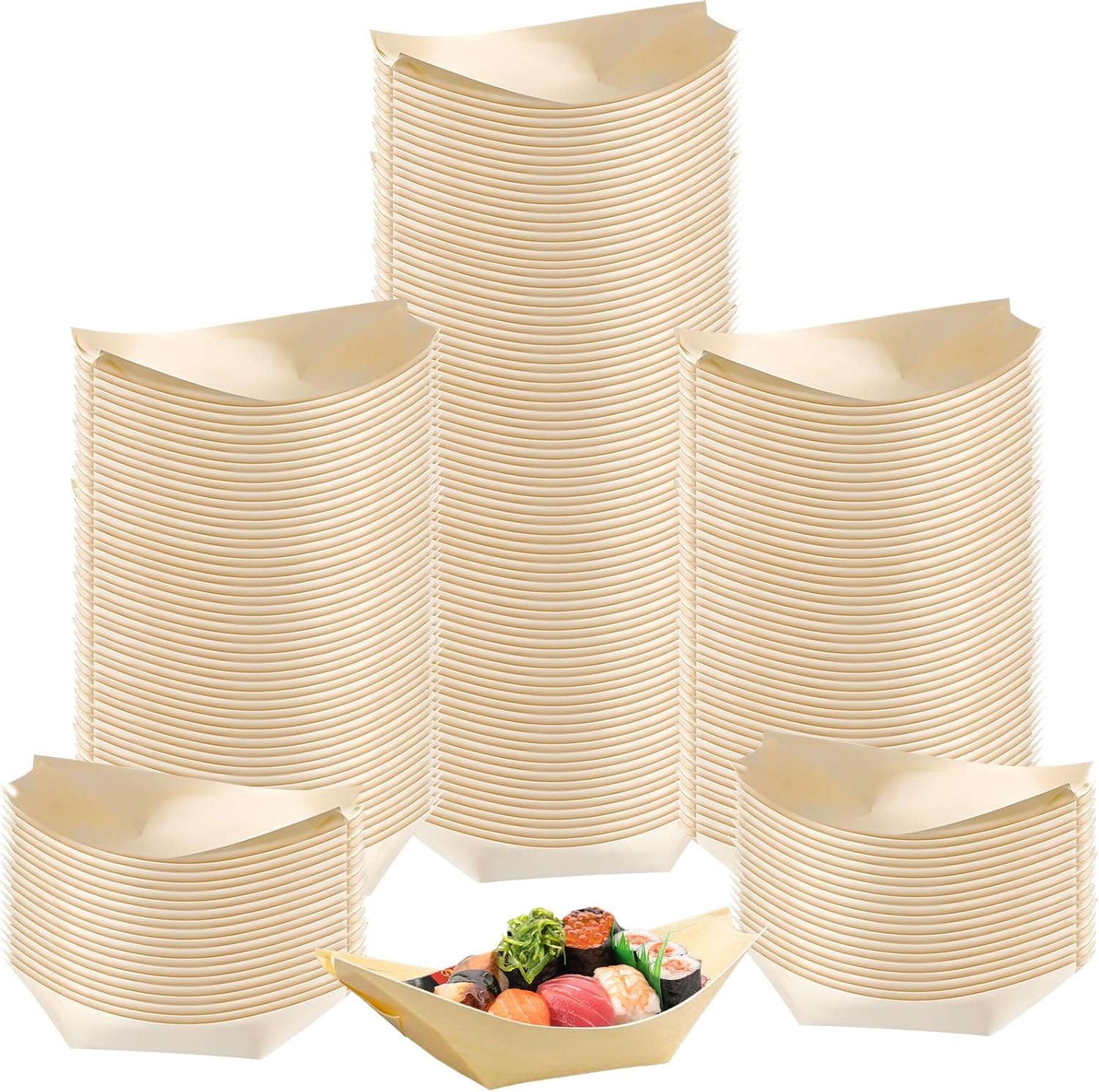 MSYU 500 piatti usa e getta in legno a forma di barca, 11 x 6,5 cm, piatti per alimenti, piccoli piatti, antipasti, sushi, contenitori per alimenti, catering, vacanze, casa