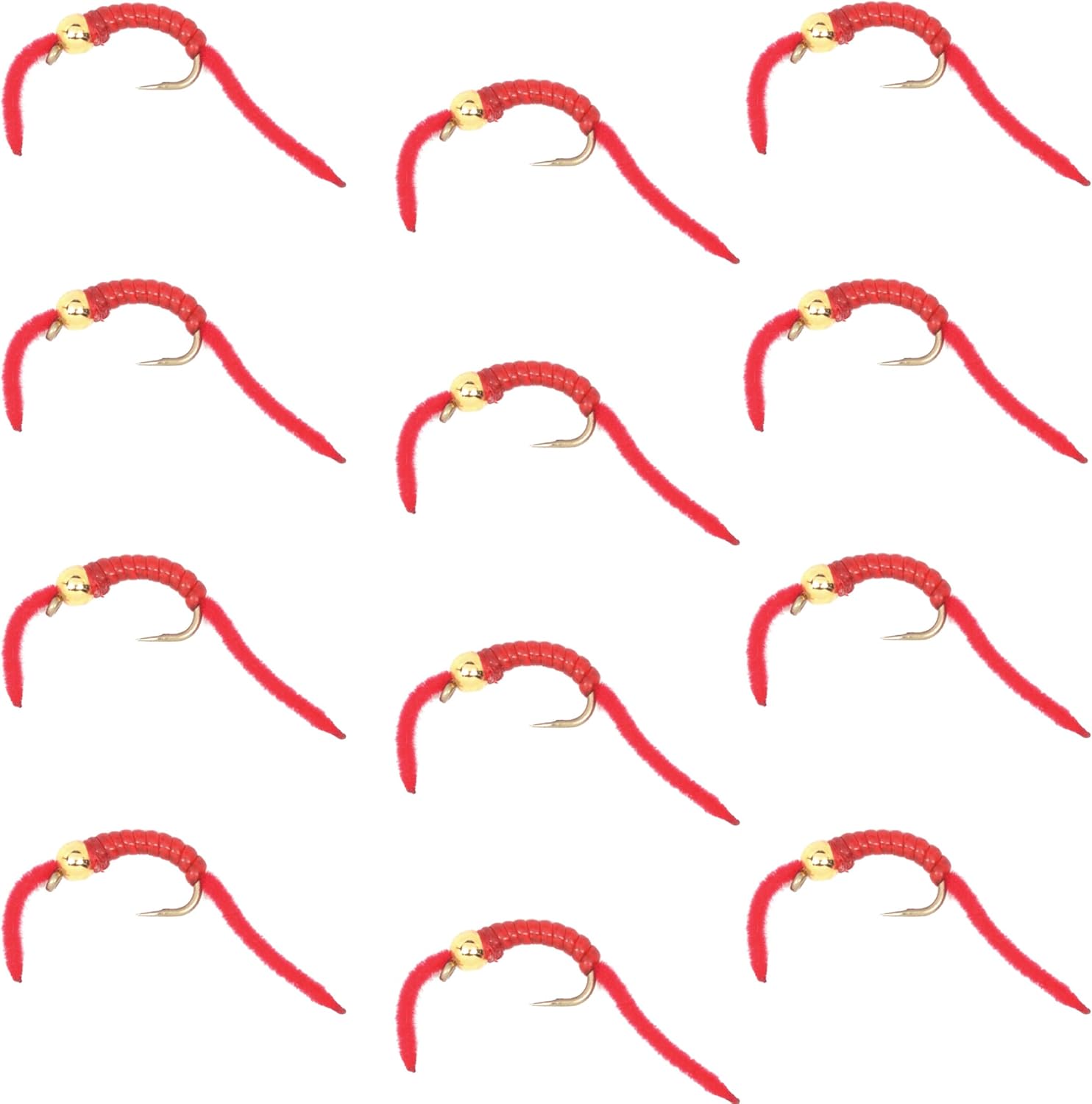 The Fly Fishing Place Trout Nymph Fly - San Juan Worm Power Bead One Dozen Gold Bead Red V-Rib Hook Size 10 - Set of 12 Nymph Wet Flies