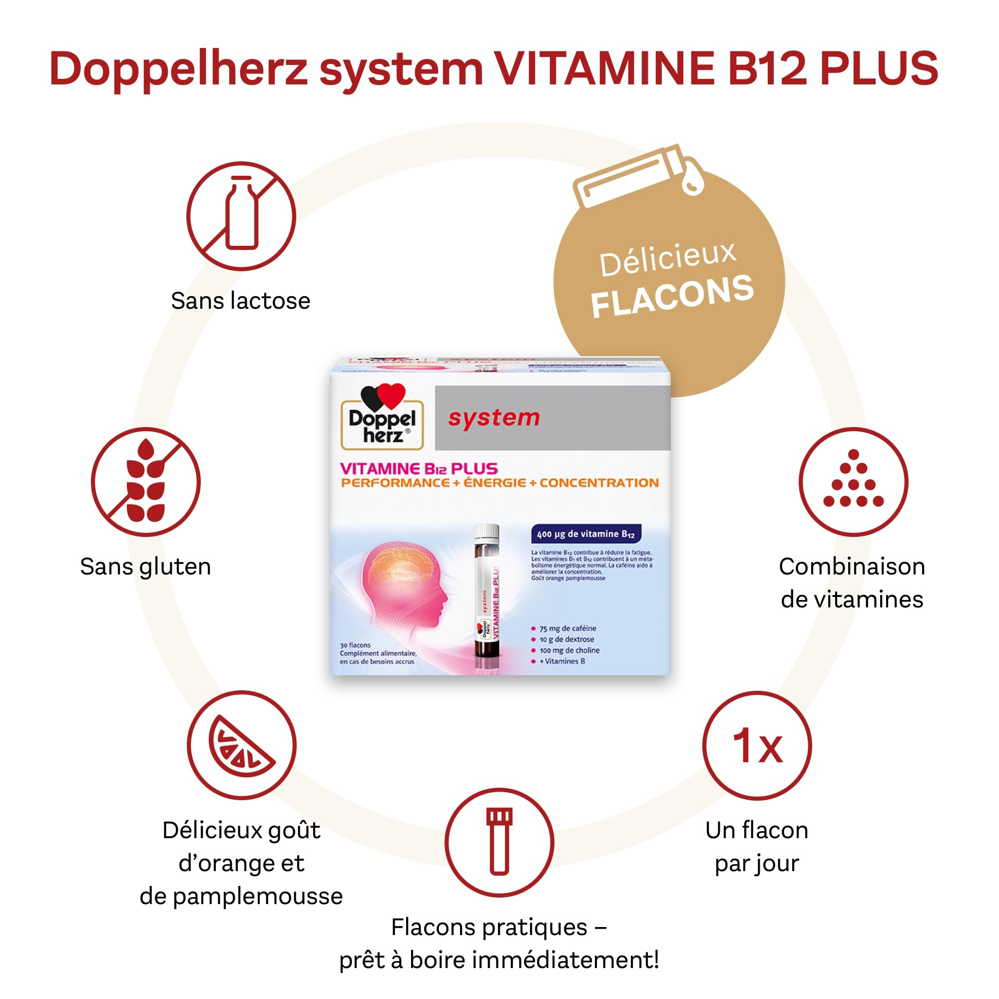 Doppelherz system VITAMINE B12 PLUS, Complément alimentaire, Performance, Énergie et Concentration, Goût Orange et Pamplemousse, 30 flacons de 25 ml