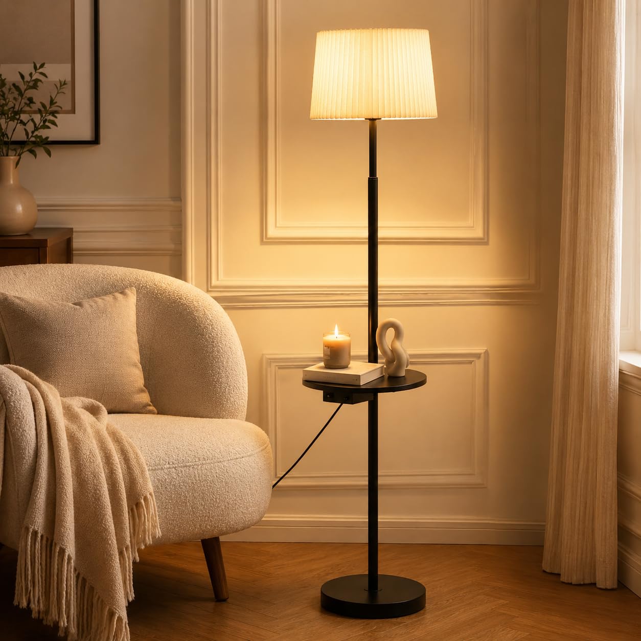 Stehlampe mit Holzablage & USB, Stoffschirm in Naturton, dimmbar mit 3 Lichtfarben (2700–5000K), blendfreies warmes Licht, moderne Stehleuchte für Wohnzimmer & Schlafzimmer, Schwarz