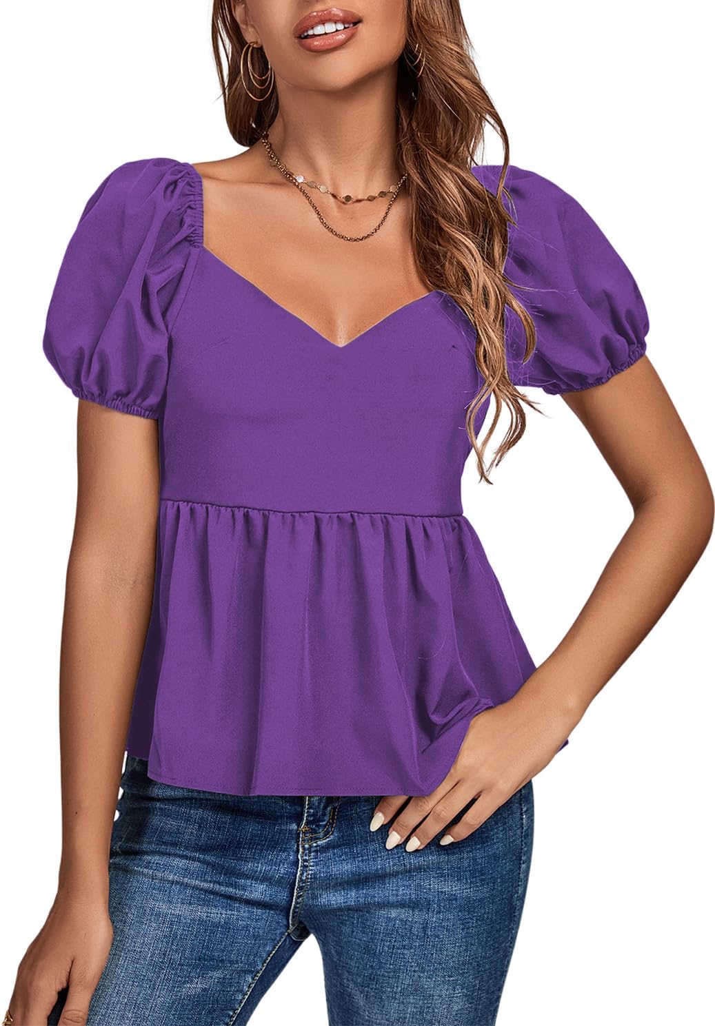 LYANER Women's V Neck Ruffle Hem Shirred Back Puff Short Sleeve
