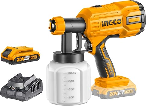 INGCO رذاذ لاسلكي ، 20V رشاش طلاء أيون ، 800 مل | 600 مل / دقيقة | 40DIN-s آلة طلاء مع 1pcs 2.0Ah Battery Pack ، 1 * شاحن سريع ، رذاذ كهربائي للجدار, السقف ، المبارزة   