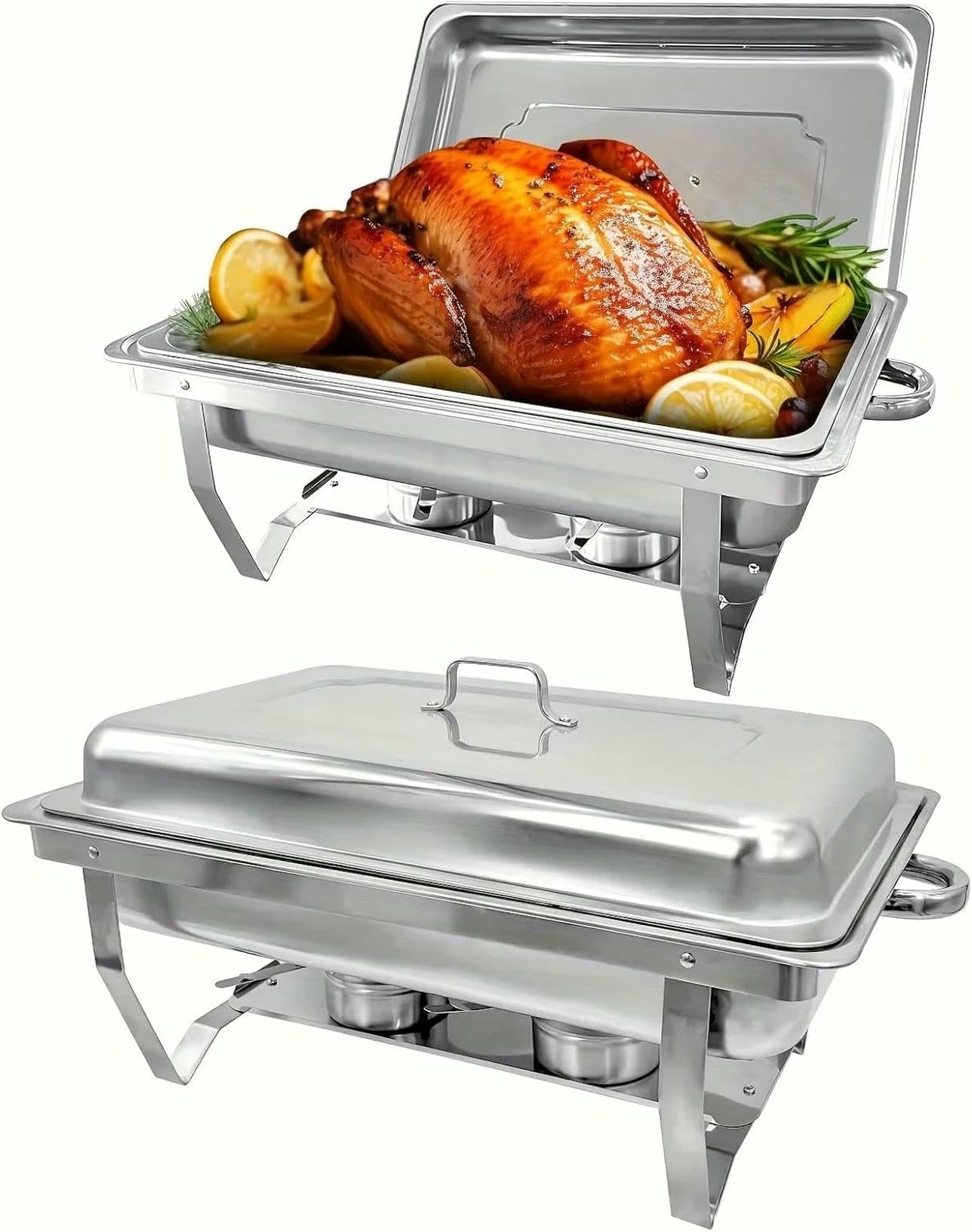 Juego de 4 platos de acero inoxidable de 8 cuartos de galón, calentador de alimentos con bandeja de agua y soporte de combustible, ideal para catering, fiestas, eventos y bufés al aire libre
