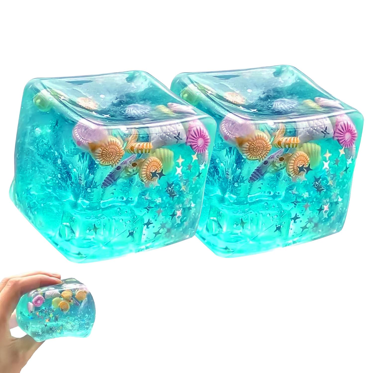 Slow Rise Squishy Cube Set Oceans Theme Stress Relief Ice Cubes with Inside Ocean Shell Soft Stress Ball Fidget Sensory Cube Anti Anxiety for Adults (2Pcs)