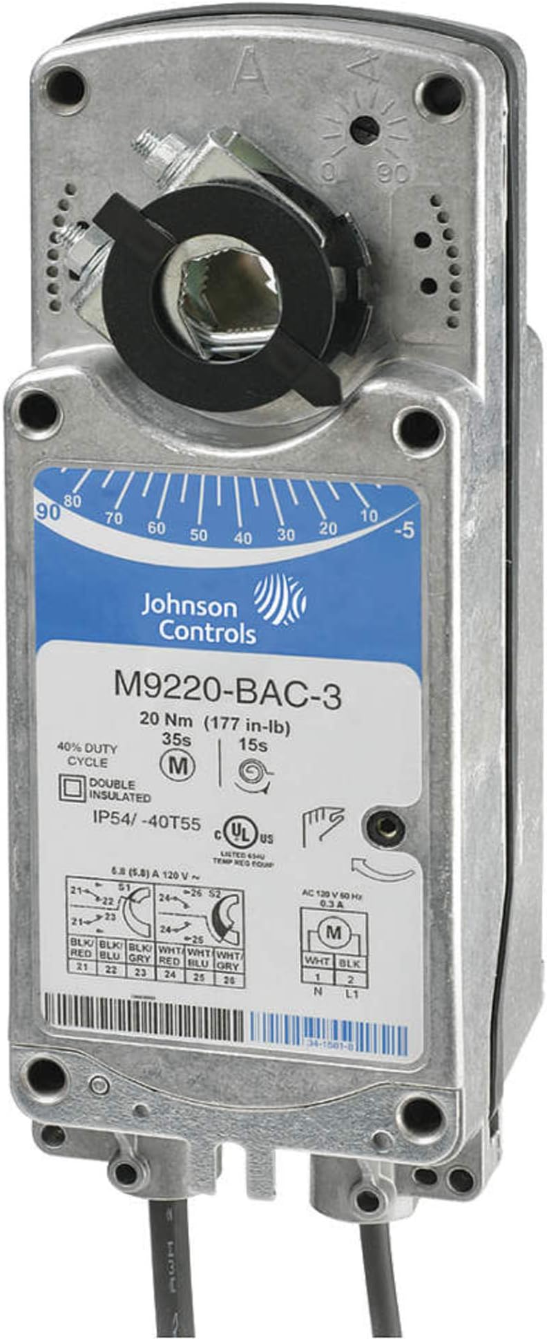 Johnson Controls M9220-BDC-3 Series M9220 Electric Spring-Return Damper Actuator, On/Off Control, Two Auxiliary Switch, 230 VAC, 50/60 Hz