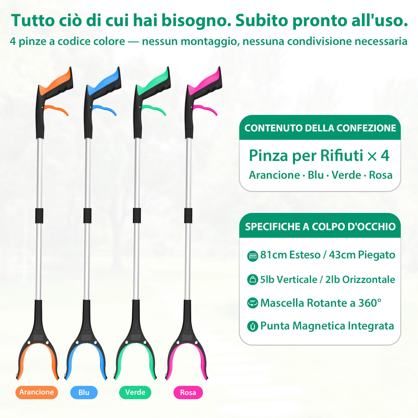 Set 4 Pinza Raccogli Oggetti da 81 cm-Bastone prensile Pieghevole | Per anziani, adulti e disabili, pinza telescopica prendi oggetti con testa rotante a 360° punta magnetica