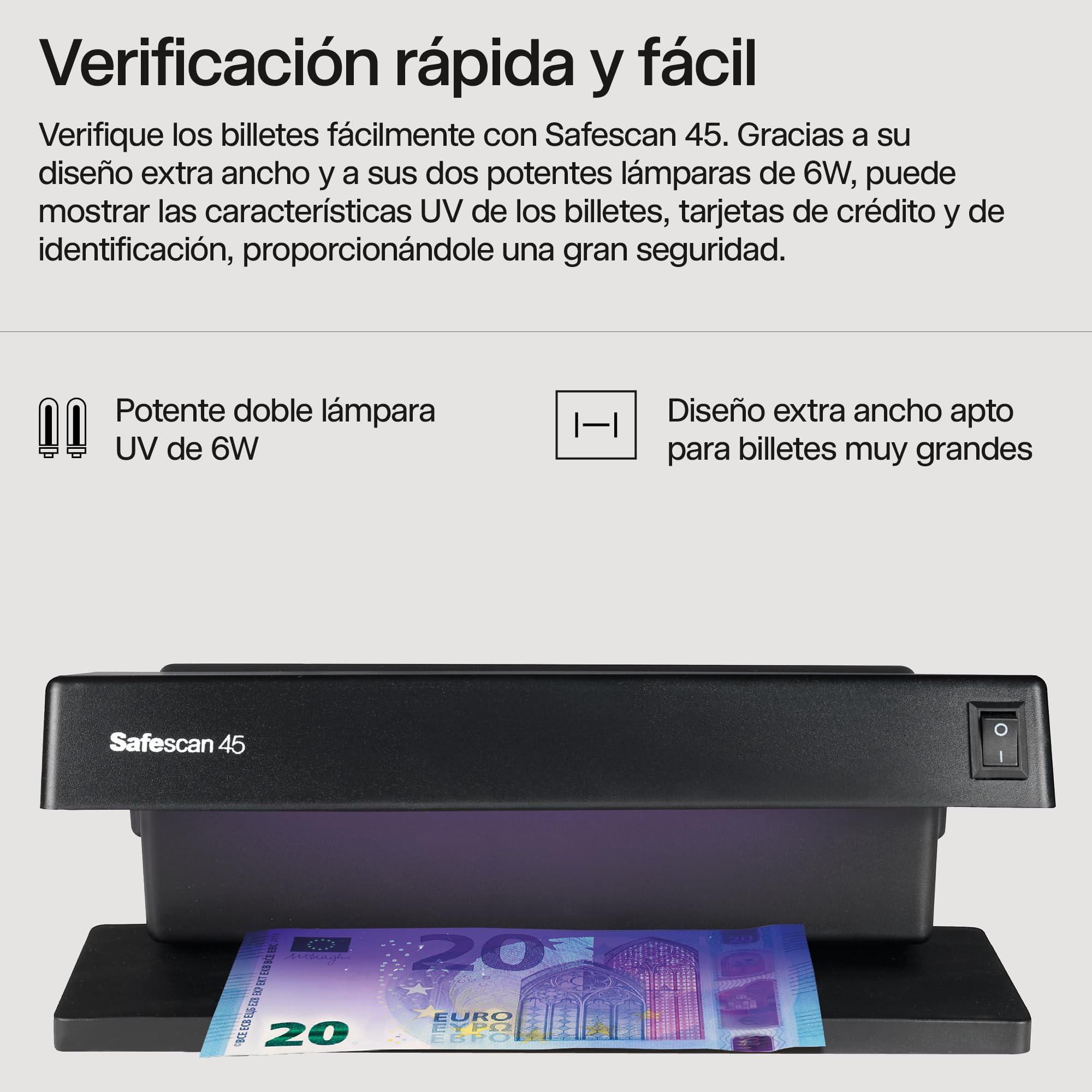 Safescan UV 45 Detector de billetes falsos, verifica billetes, tarjetas de crédito y documentos - Detector UV para nuevos billetes - Detector billetes falsos con luz UV - Detector con luz UV