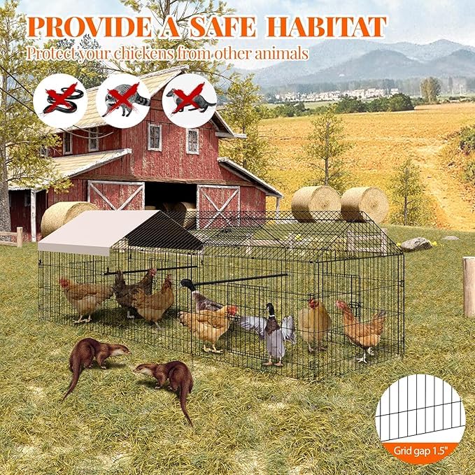 Gallinero de metal, 329 x 100 x 100 cm, gallinero para patio con cubierta impermeable, gallinero portátil al aire libre con 4 puertas, 1 ventana, gallinero para animales pequeños, pato, conejo, pollo