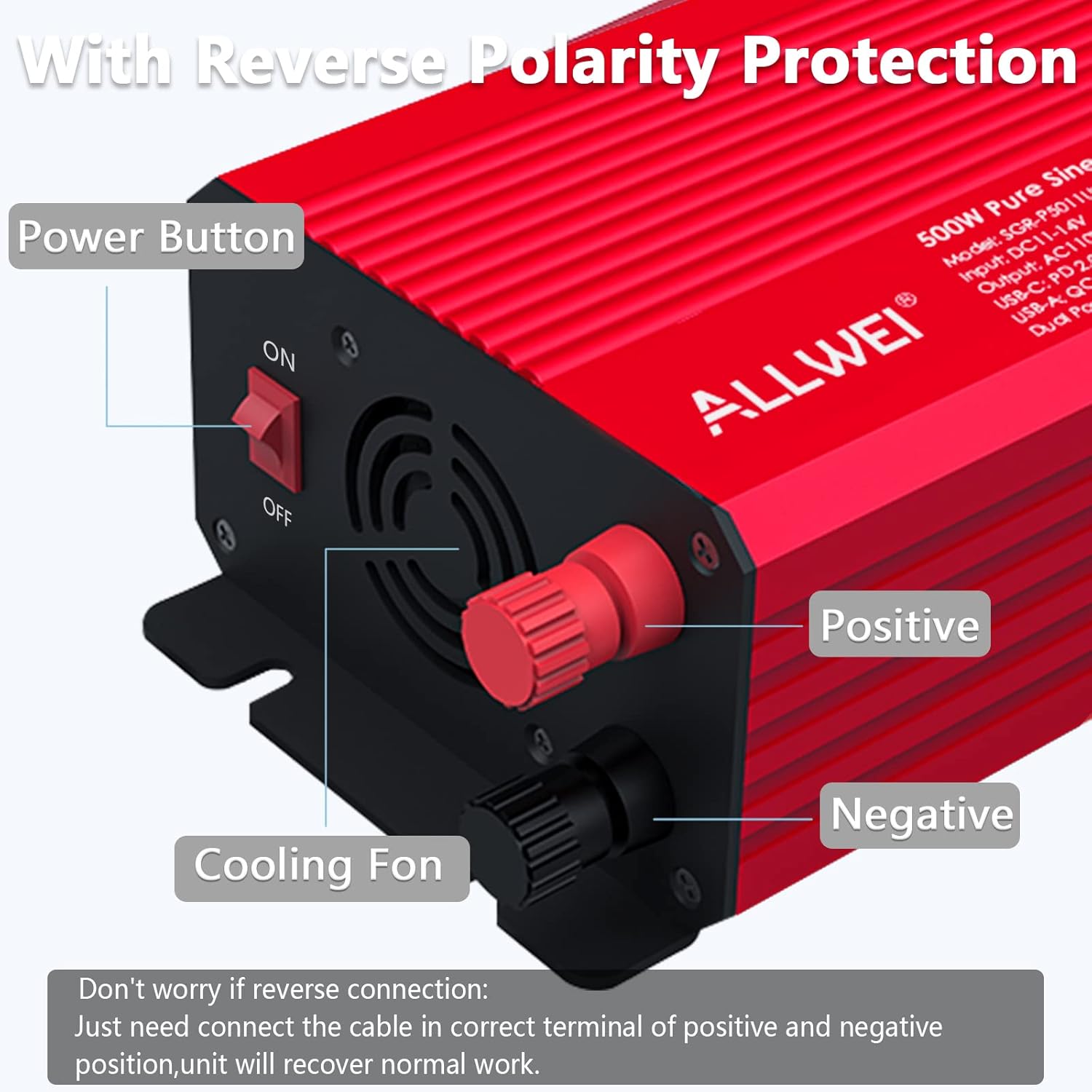 ALLWEI 500W Pure Sine Wave Power Inverter 12V to 110V Power inverters for Vehicles Converter Adapter with USB-C PD65W/USB Fast Charging Ports and 2 AC Outlets Plug Car Charger