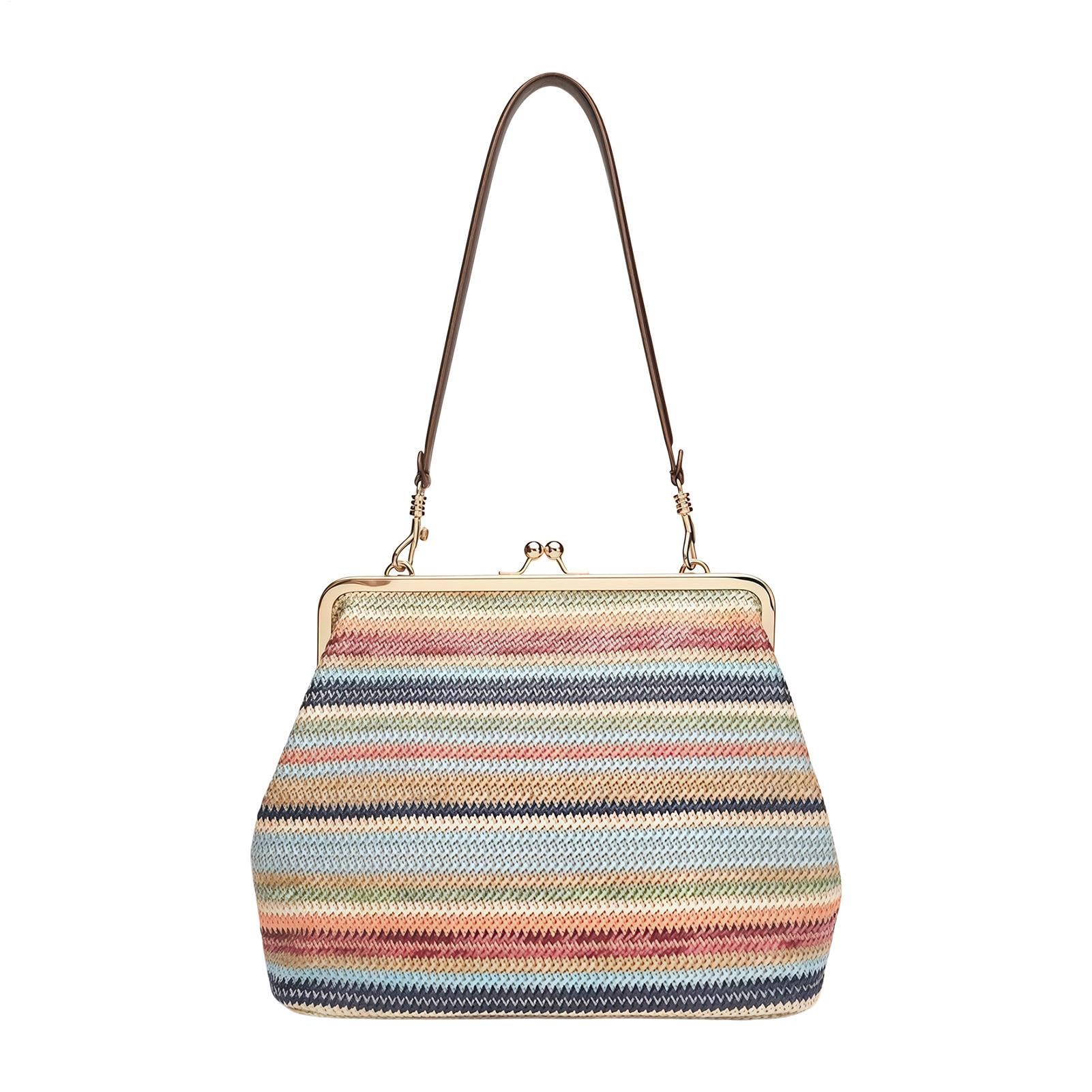 Genérico Borsa da spiaggia in paglia da donna, grande, stile retrò, con chiusura a scatto, per spiaggia, estate, viaggi, vacanze, shopping, lavoro, palestra, notte, università, mercato